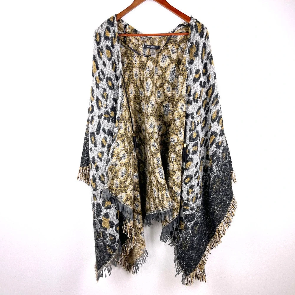 Marc New York Leopard Animal Print Fringed Trimmed Shawl Poncho Scarf ONE SIZE